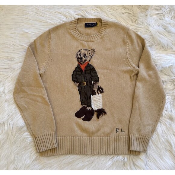 Polo Ralph Lauren Bear Sweater Crewneck Pullover Knit Tan Medium